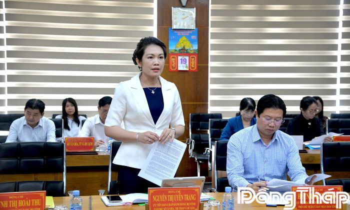 Đồng chí Nguyễn Thị Uyên Trang, Tỉnh ủy viên, Giám đốc Sở Văn hóa, Thể thao và Du lịch báo cáo tình hình triển khai thực hiện Nghị quyết số 80-NQ/TW của Bộ Chính trị tại tỉnh Đồng Tháp.