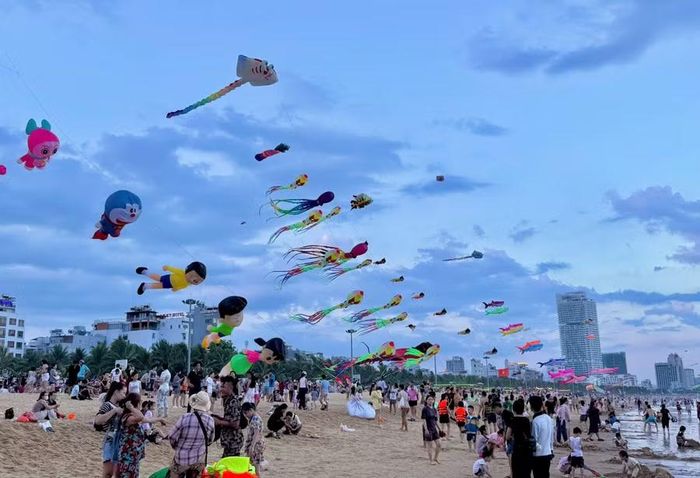 Biển Quy Nhơn trở nên náo nhiệt hơn nhờ sự xuất hiện của những con diều ngộ nghĩnh, nhiều màu sắc. Ảnh: D.L
