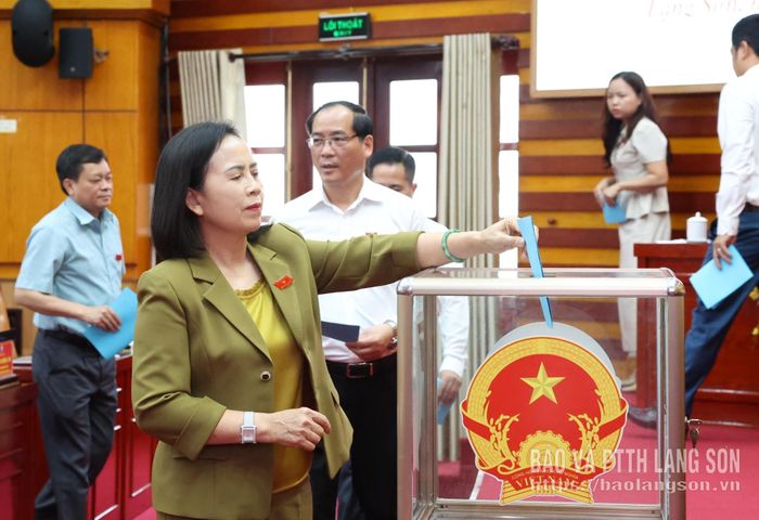Đồng chí Đoàn Thị Hậu, Phó Bí thư Thường trực Tỉnh ủy, Chủ tịch HĐND tỉnh bỏ phiếu bầu bổ sung Ủy viên UBND tỉnh