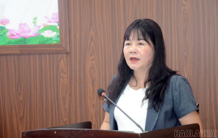 Đồng chí Phó Chủ tịch HĐND tỉnh Hoàng Thị Thanh Bình phát biểu tại buổi họp báo.