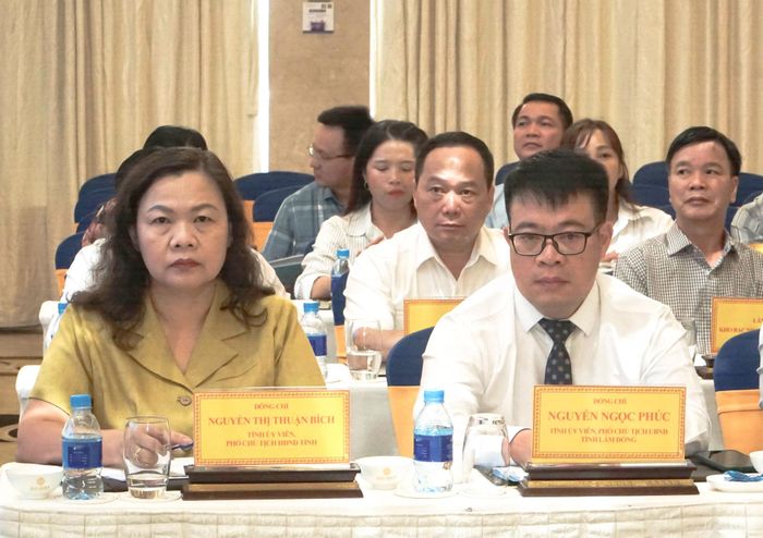 Các đồng chí: Nguyễn Thị Thuận Bích, Tỉnh ủy viên, Phó Chủ tịch HĐND tỉnh; Nguyễn Ngọc Phúc, Tỉnh ủy viên, Phó Chủ tịch UBND tỉnh tại hội nghị