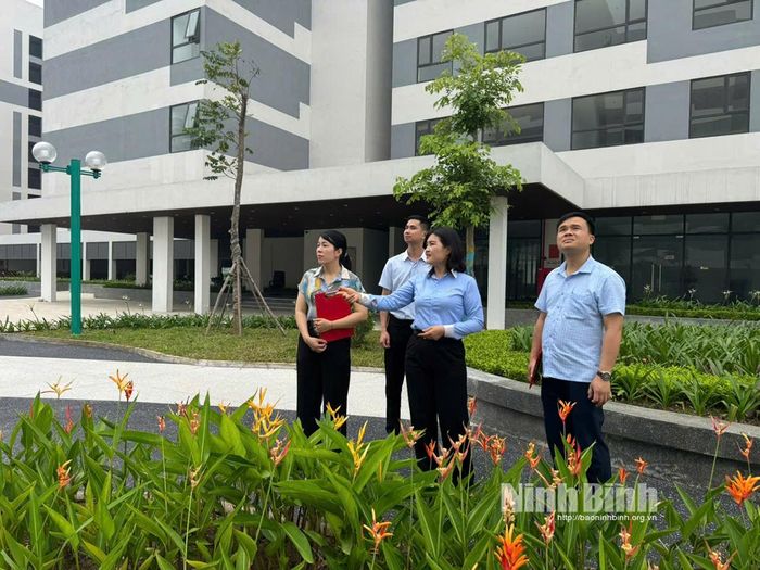 Bà Trịnh Thị Hằng, Bí thư Đảng ủy, Chủ tịch HĐND phường Đồng Văn (áo xanh) cùng đoàn công tác kiểm tra tiến độ thực hiện dự án