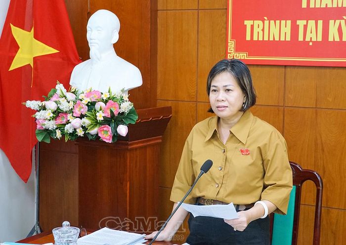 Bà Vũ Hồng Như Yến, Trưởng ban Kinh tế - Ngân sách, HĐND tỉnh, phát biểu tại hội nghị.