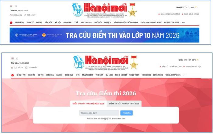 Hình minh họa giao diện tra cứu điểm thi trên Cổng thông tin điện tử Báo Hà Nội mới.