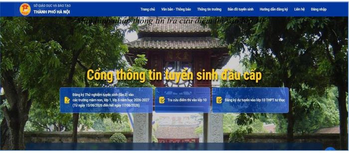 Màn hình trang chủ Cổng tuyển sinh đầu cấp.
