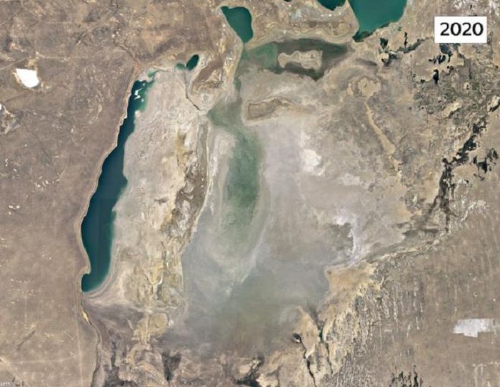 Ảnh vệ tinh biển Aral phía nam, Uzbekistan, năm 1984 và 2020. (Ảnh: Google Earth)