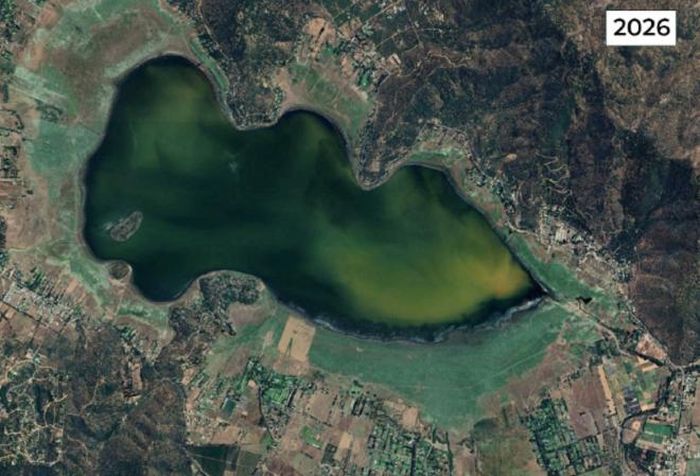 Ảnh vệ tinh đầm Aculeo, Chile, năm 2007 và 2026. (Ảnh: Google Earth)