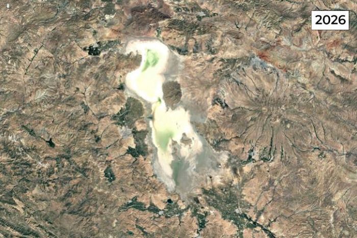 Ảnh vệ tinh hồ Urmia, Iran, năm 1990 và 2026. (Ảnh: Google Earth)