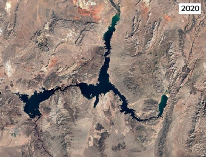 Ảnh vệ tinh hồ Mead, Mỹ, năm 1984 và 2020. (Ảnh: Google Earth)