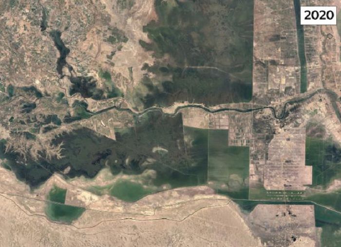 Ảnh vệ tinh đầm lầy al-Chibayish, Iraq, năm 1984 và 2020. (Ảnh: Google Earth)