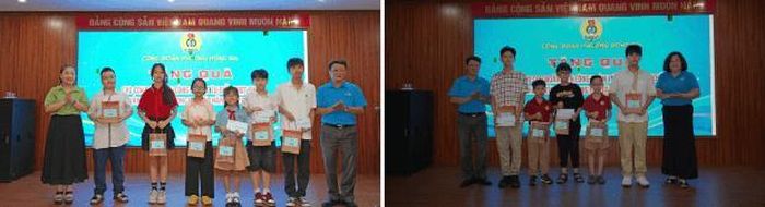 Các đại biểu trao quà cho con đoàn viên công đoàn tiêu biểu, vượt khó đạt thành tích cao trong học tập. Ảnh: PV