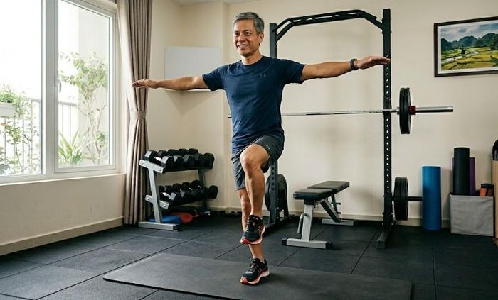 Bài tập đứng một chân giúp kích hoạt liên tục các cơ vùng cổ chân, cẳng chân, đùi và hông để duy trì sự ổn định.