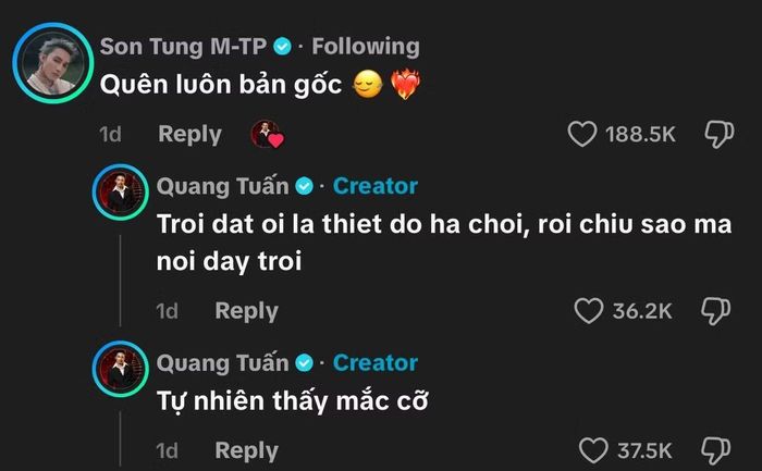 Sơn Tùng M-TP bình luận dưới video của Quang Tuấn, khiến nam diễn viên thích thú.