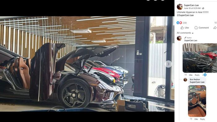 Trang "SuperCars Lao" đã đăng tải hình ảnh một chiếc Koenigsegg Regera với ngoại hình được cho là rất giống chiếc từng xuất hiện tại Việt Nam của ông Hoàng Kim Khánh và bà Mailisa.