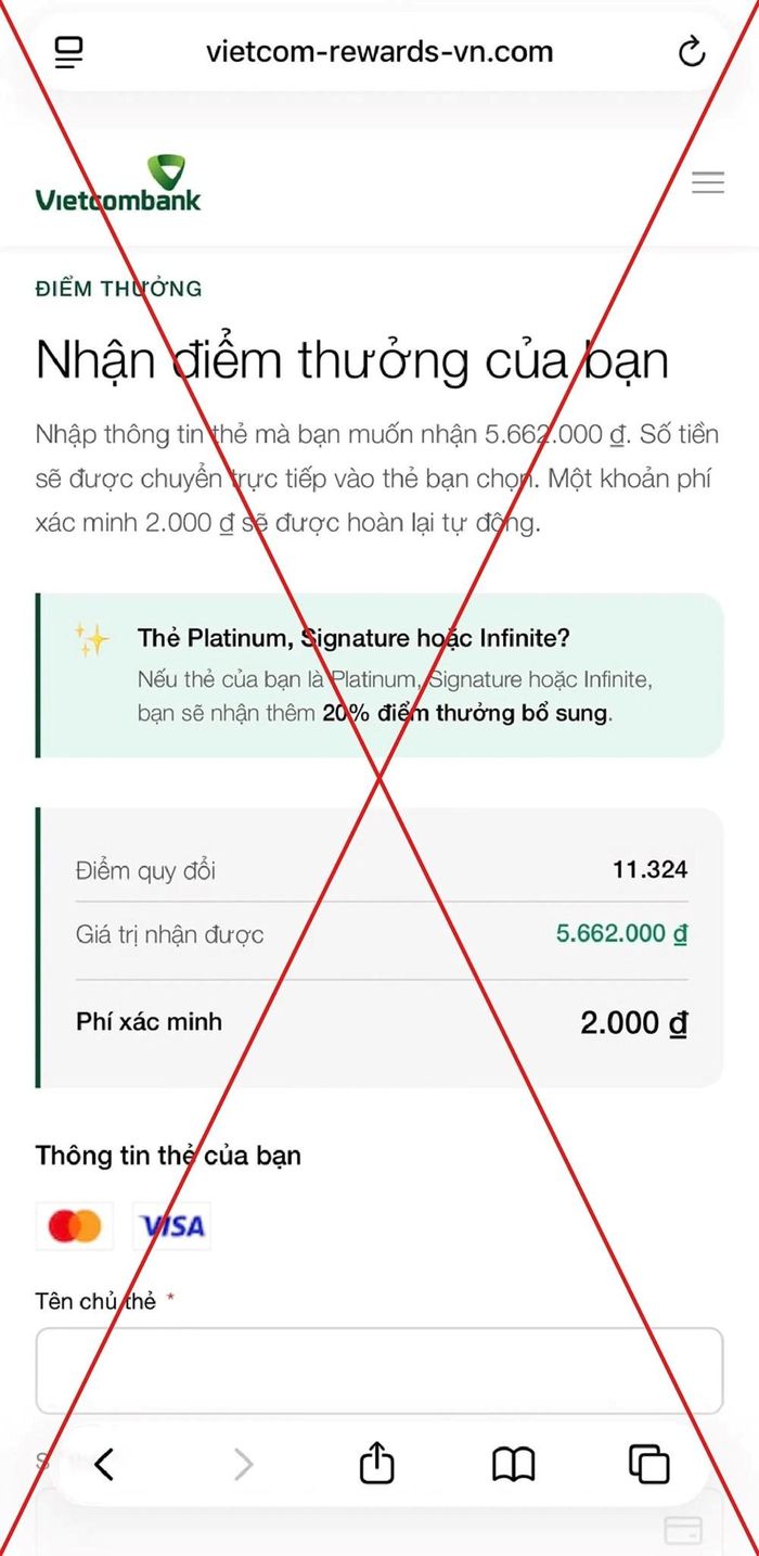 Trang web giả mạo Vietcombank. Ảnh: VCB