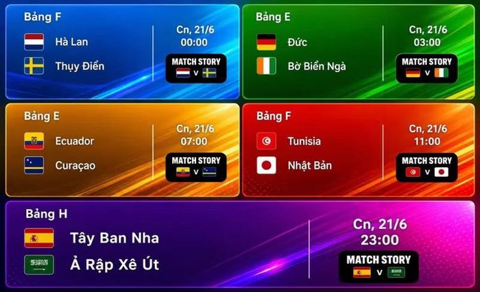 Lịch thi đấu World Cup 2026 ngày 21/6.