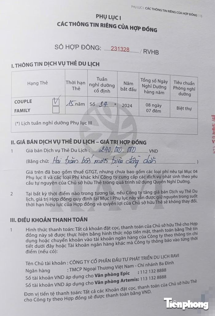 Bản hợp đồng trị giá 240 triệu đồng. Trong khi đó, bà L. nộp vào số tiền hơn 200 triệu đồng.