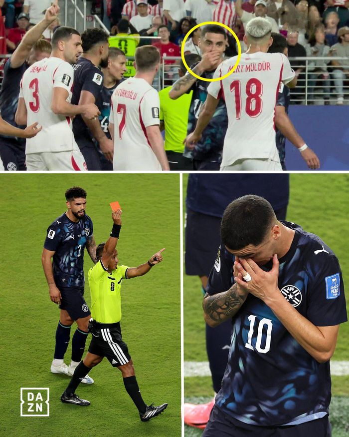 Almiron phải nhận thẻ đỏ mang tính lịch sử. Ảnh: DAZN