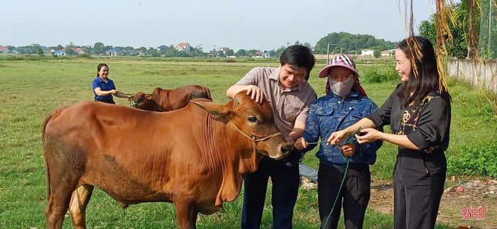 Lãnh đạo xã Lộc Hà trao bò sinh kế cho các hộ nghèo, hộ cận nghèo trên địa bàn.