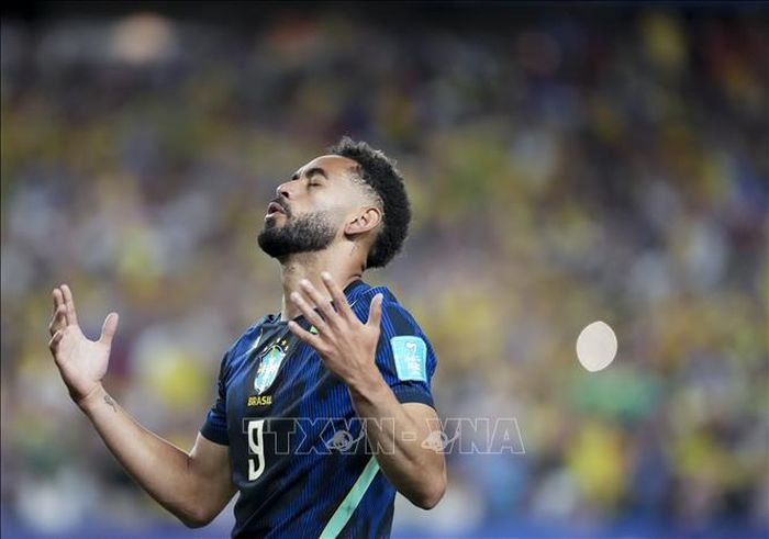 Tiền đạo Brazil Matheus Cunha sau khi ghi bàn thắng vào lưới Haiti. Ảnh: THX/TTXVN