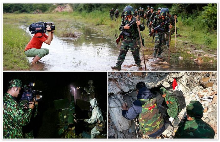 Các phóng viên Truyền hình Quốc phòng Việt Nam tác nghiệp tại hiện trường.