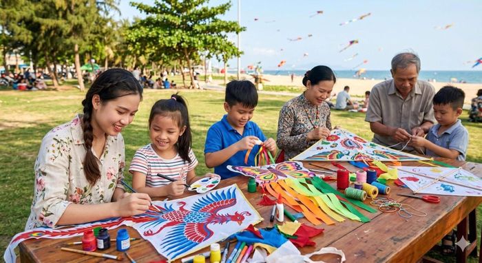 Nhiều hoạt động được tổ chức để phục vụ du khách. Trong ảnh: Du khách trải nghiệm làm diều tại lễ hội An Hải (An Hải Festival). Ảnh: THU HÀ