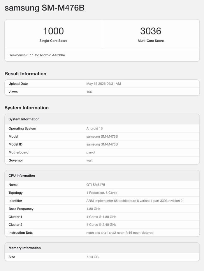 Thông số hiệu năng của Galaxy M47 5G trên cơ sở dữ liệu Geekbench.