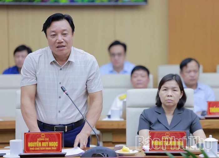 Đồng chí Phó Chủ tịch UBND tỉnh Nguyễn Huy Ngọc phát biểu tại hội nghị.
