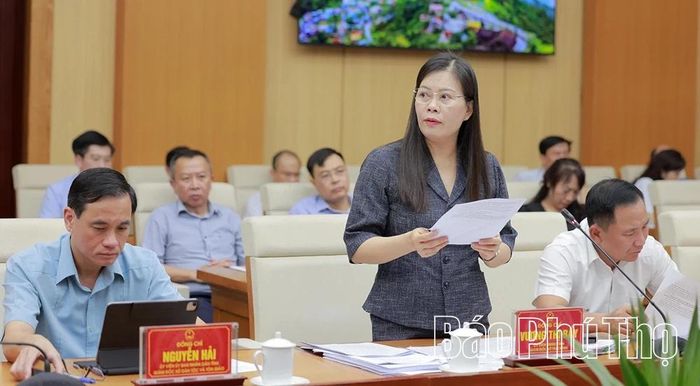 Giám đốc Sở Tài chính Vương Thị Bẩy báo cáo một số nội dung tại hội nghị.