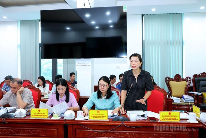 Đồng chí Phạm Thị Minh Xuân, Ủy viên Ban Thường vụ Tỉnh ủy, Phó Chủ tịch HĐND tỉnh phát biểu ý kiến.