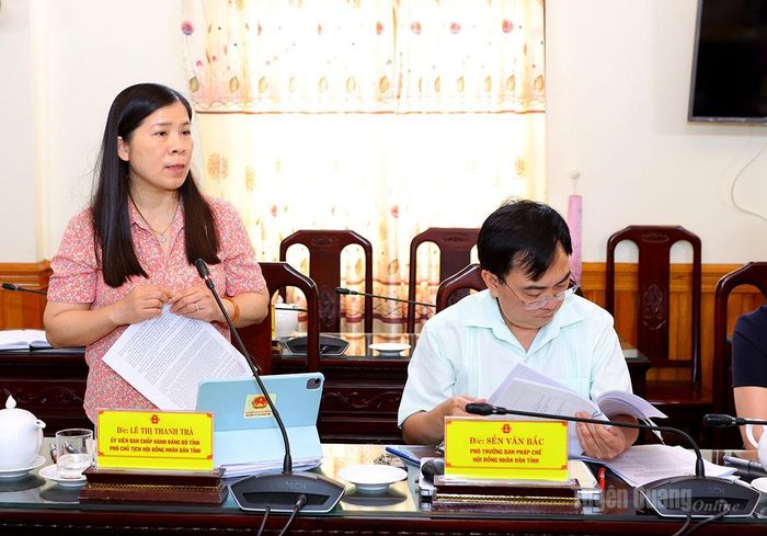 Đồng chí Lê Thị Thanh Trà, Ủy viên BCH Đảng bộ tỉnh, Phó Chủ tịch HĐND tỉnh phát biểu ý kiến.