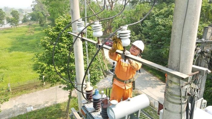 Nhân viên ngành điện lực miền Bắc chỉnh trang, vệ sinh, xử lý khiếm khuyết trên đường dây. Ảnh NPC