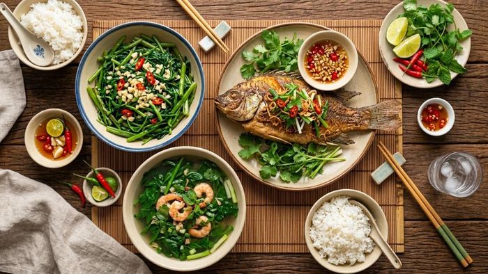 Bữa ăn gồm món mặn, món xào và canh rau xanh giúp bổ sung đầy đủ dưỡng chất. Ảnh: PTG