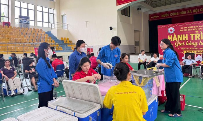Đoàn viên thanh niên tích cực tham gia hỗ trợ công tác tổ chức ngày hội hiến máu. Ảnh: Nga Nguyễn