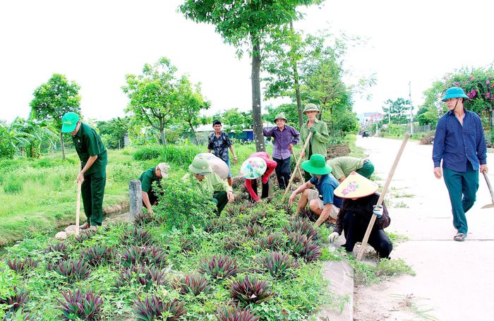 Hội viên Hội Cựu chiến binh xã Phúc Sơn chăm sóc tuyến đường hoa trên địa bàn. Ảnh: PV