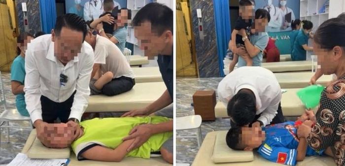 Ông Minh Hiếu nắn chỉnh hàm và kéo tai trẻ trong quá trình can thiệp cho các trẻ chậm nói, chậm phát triển trí tuệ, tăng động (ảnh chụp màn hình).