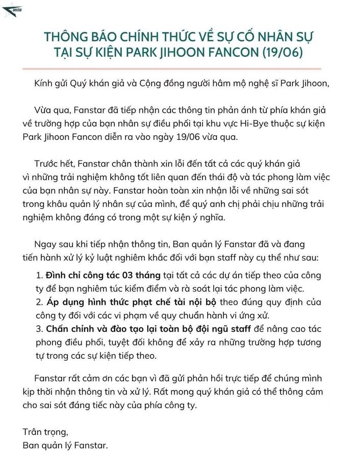 Thông báo chính thức từ Fanstar.