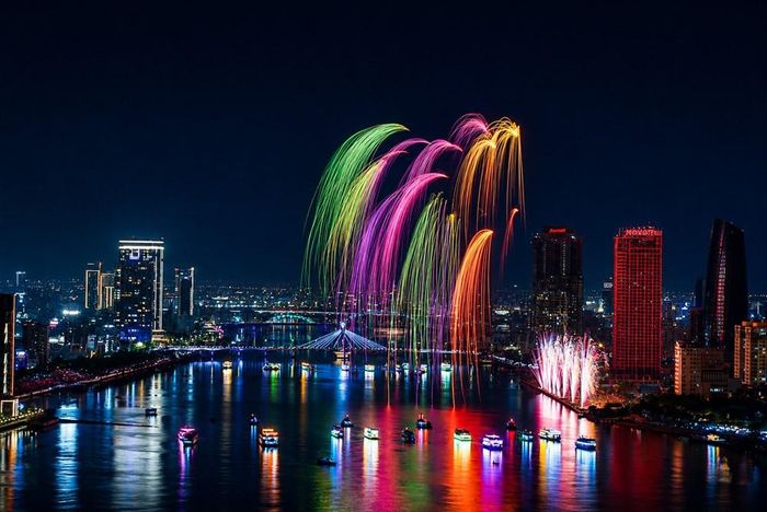 Những chùm pháo liễu vàng, vương miện kim tuyến, cọ bạc, pháo tách sao nhiều tầng... liên tục nối tiếp nhau, tạo nên những lớp ánh sáng có chiều sâu và giàu tính tạo hình