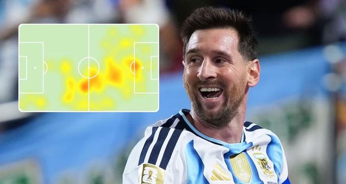 Biểu đồ nhiệt tầm hoạt động của Messi: Di chuyển dàn trải, ít lao vào điểm nóng tranh chấp.