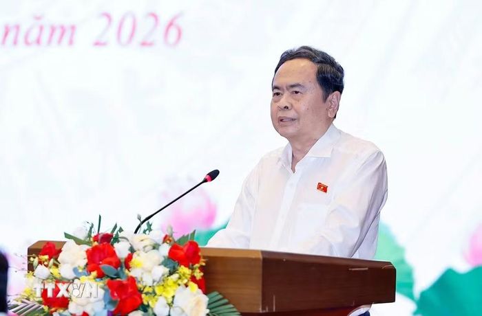 Chủ tịch Quốc hội Trần Thanh Mẫn phát biểu kết luận bế mạc Hội nghị triển khai thực hiện Định hướng lập pháp nhiệm kỳ Quốc hội khóa XVI. (Ảnh: Doãn Tấn/TTXVN)
