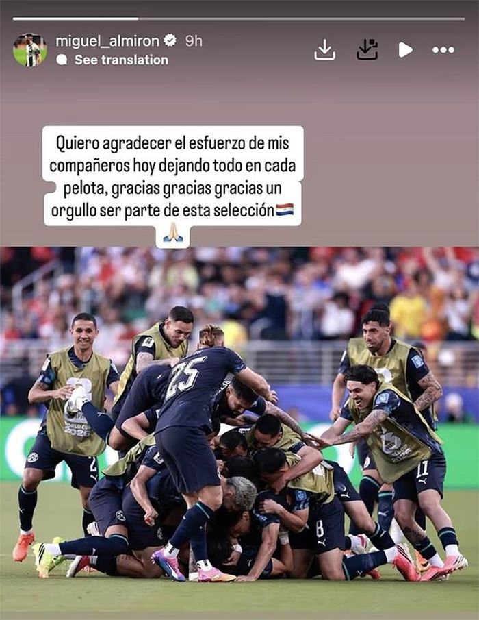 Miguel Almiron đăng trên story cá nhân của mình. Ảnh FBNV