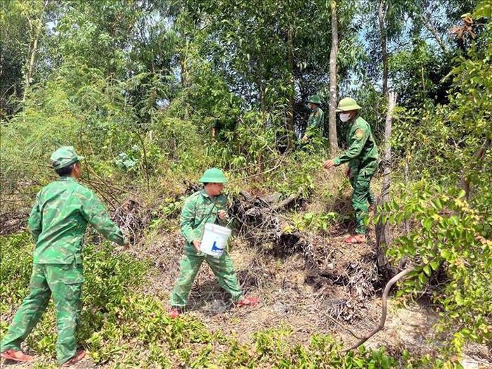 Các lực lượng chuyển nước chữa cháy rừng tại xã Đông Trạch, Quảng Trị. Ảnh: Tá Chuyên - TTXVN