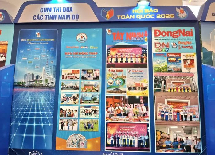Gian trưng bày của Cụm thi đua các tỉnh, thành Nam Bộ, trong đó có Hội Nhà báo thành phố Đồng Nai tại Hội Báo toàn quốc năm 2026. Ảnh: Hội Nhà báo thành phố cung cấp