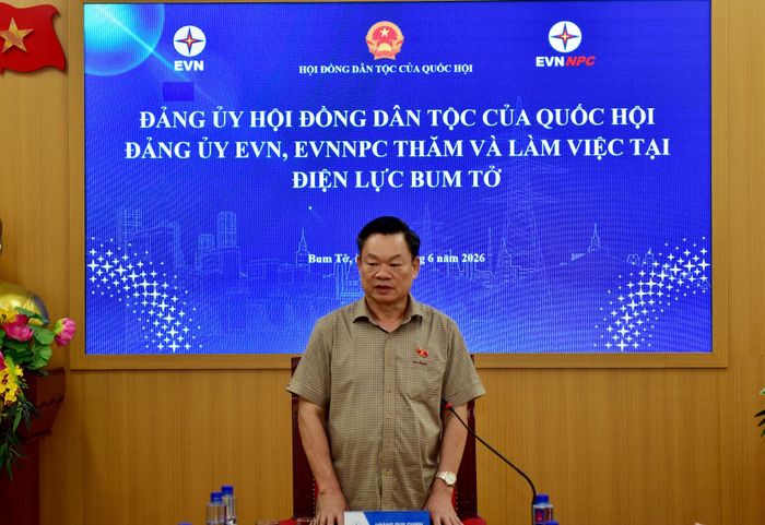 Đồng chí Hoàng Duy Chinh - Ủy viên Trung ương Đảng, Phó Chủ tịch Thường trực Hội đồng Dân tộc của Quốc hội, Trưởng đoàn công tác phát biểu chỉ đạo.