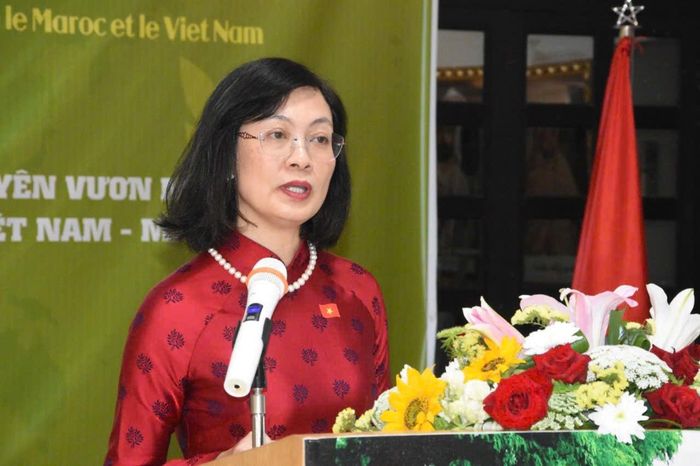 Bà Lê Kim Quy, Đại sứ Đặc mệnh toàn quyền nước Cộng hòa xã hội chủ nghĩa Việt Nam tại Vương quốc Maroc, phát biểu tại buổi lễ