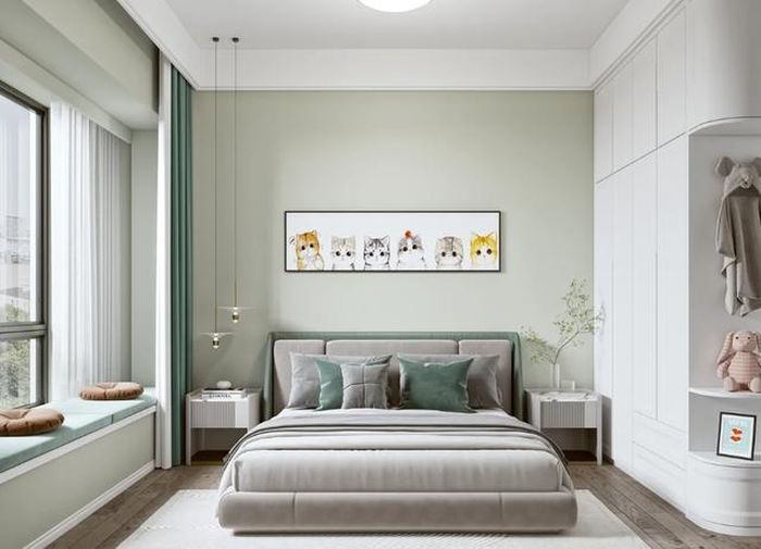 Thiết kế phòng ngủ chung cư màu xanh nhạt theo phong cách hiện đại tinh tế.