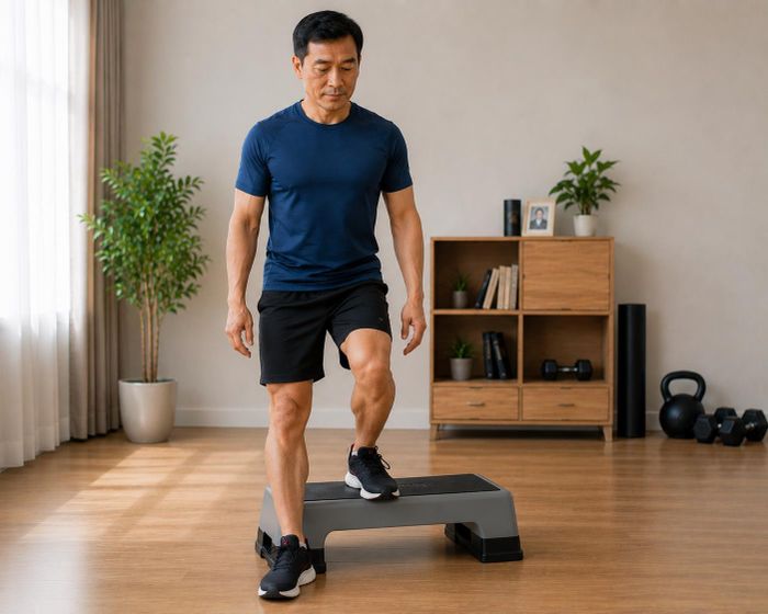 Bài tập bước xuống giúp tăng cường sức mạnh cho cơ đùi và cơ hông.