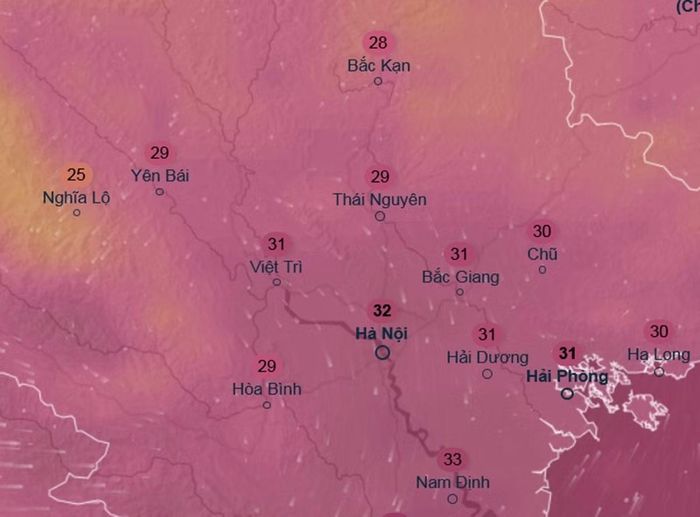 Dự báo nhiệt độ ở một số khu vực tại miền Bắc chiều 26/6, khi nắng nóng đã chấm dứt. Ảnh: Ventusky, ICON.