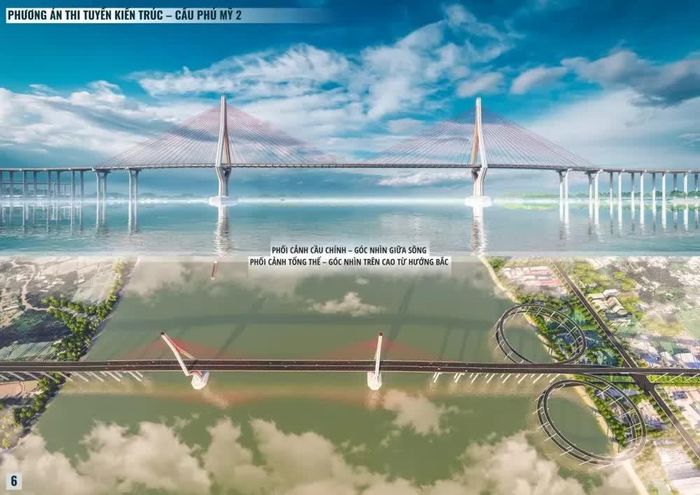  Phối cảnh cầu Phú Mỹ 2 với thiết kế dây văng hiện đại, vòng xoắn ốc 2 tầng - phương án đạt giải nhất thi tuyển kiến trúc dự án của TEDI. Ảnh: TEDI. 