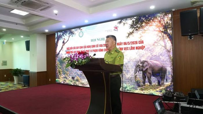 Phó Cục trưởng Cục Lâm nghiệp và Kiểm lâm Nguyễn Hữu Thiện phát biểu tại hội nghị.